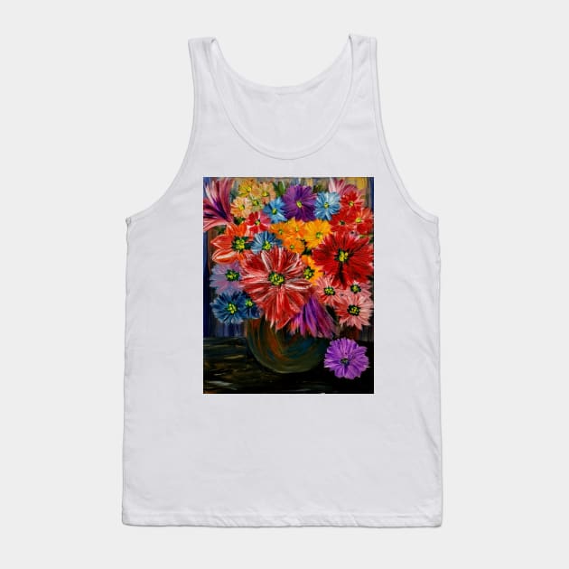 So a lovely color combination in this bouquet of flowers in a metallic silver and purple and turquoise blend vase . Tank Top by kkartwork